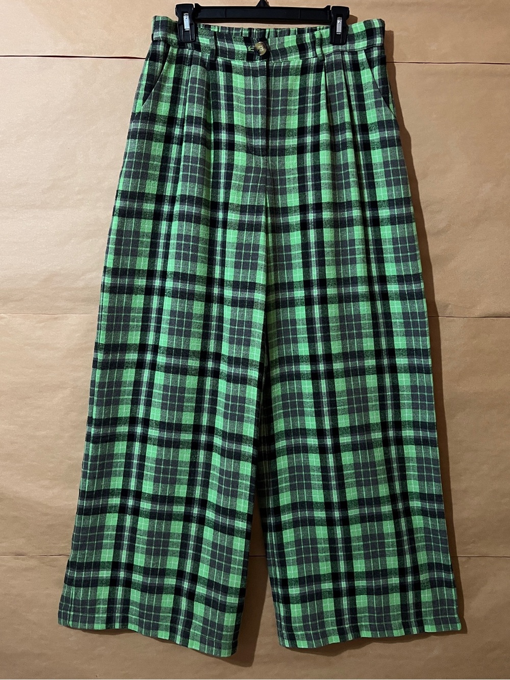 Dressed in Lala | Rebel Road Plaid Wide Leg in Lime High Waisted Pants Size L